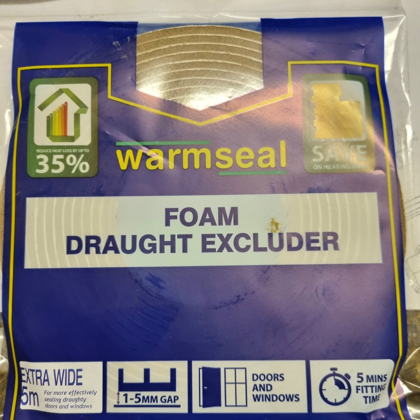 5m Draught Excluder, Extra wide pvc foam, self adhesive window and door seal. Various colours