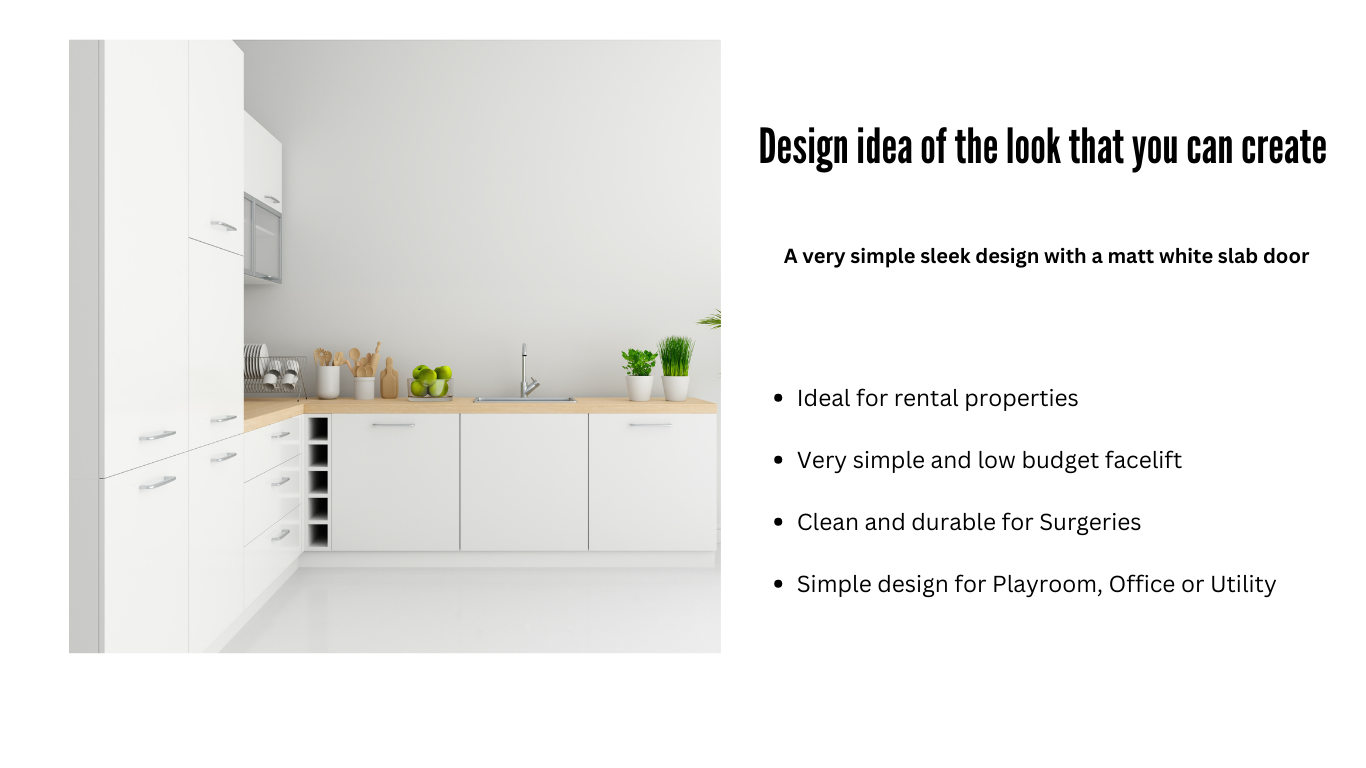 Kitchen Cupboard Door, Slab style simple white cupboard replacement doors with contrast pink or blue edge. Ideal low budget baby nursery door