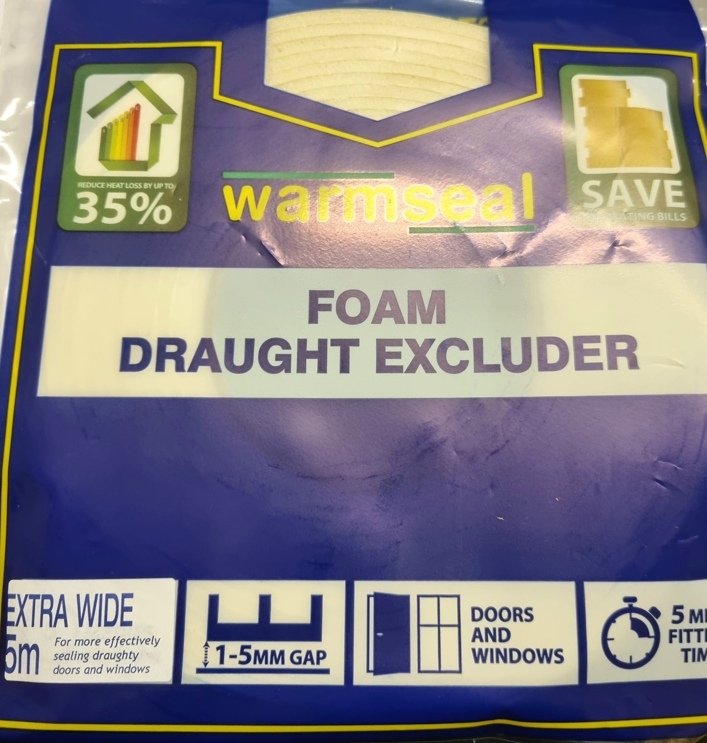 5m Draught Excluder, Extra wide pvc foam, self adhesive window and door seal. Various colours