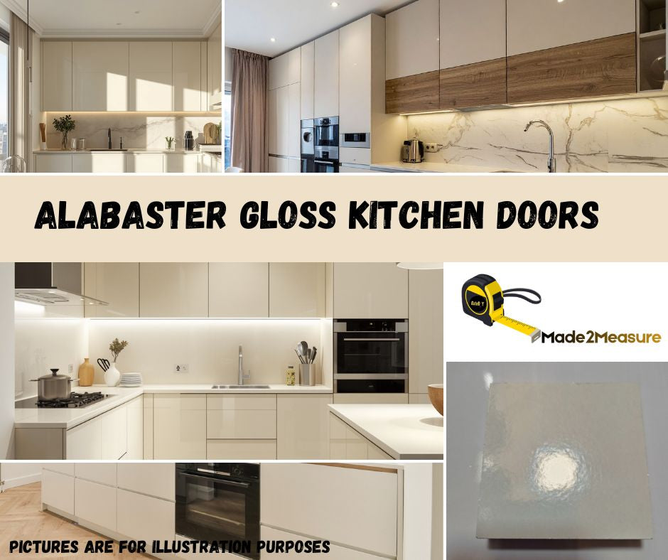 Alabaster gloss kitchen replacement doors. Can be made to any size. Free UK delivery