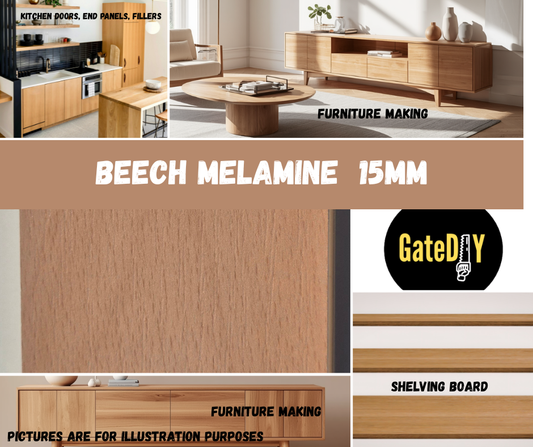 15mm Beech Melamine Faced Chipboard MFC 1200mm Lengths. Can be cut to size