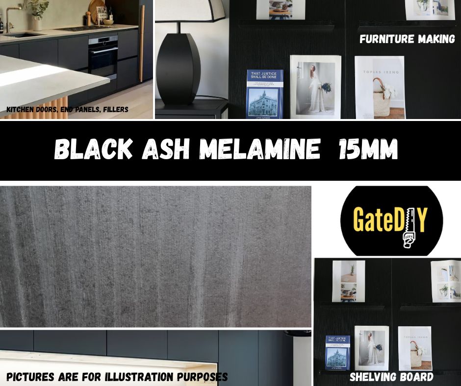 Black grained wood effect melamine (New Black Ash). Furniture or shelving board can be cut to size. Various sizes available