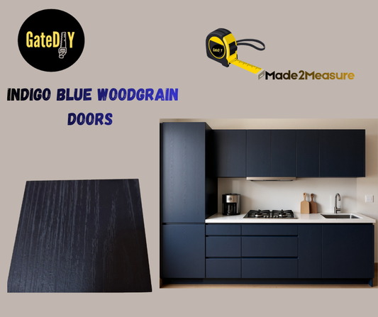 Indigo blue woodgrain replacement kitchen doors. Made to any size. Free UK delivery