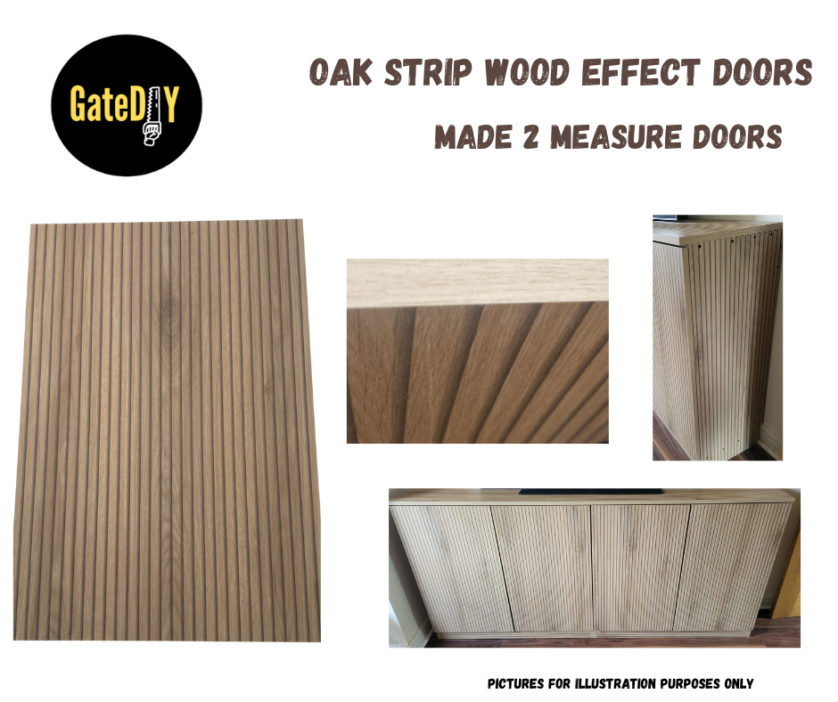 Full kitchen of Oak strip wood effect doors. Replacement kitchen door pack