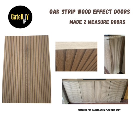Oak strip wood effect media cabinet doors. Standard size replacement kitchen cupboard doors.