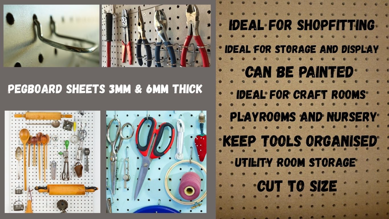 Pegboard sheets 3mm & 6mm thickness shop fitting board. Ideal for organisation and display.