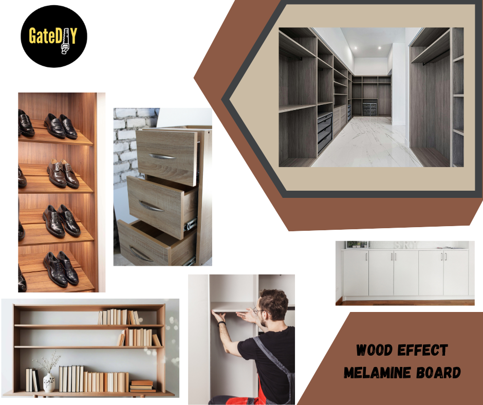 Melamine faced chipboard in wood effect colours. MFC Available in various widths and 1200mm lengths. Can be cut to size