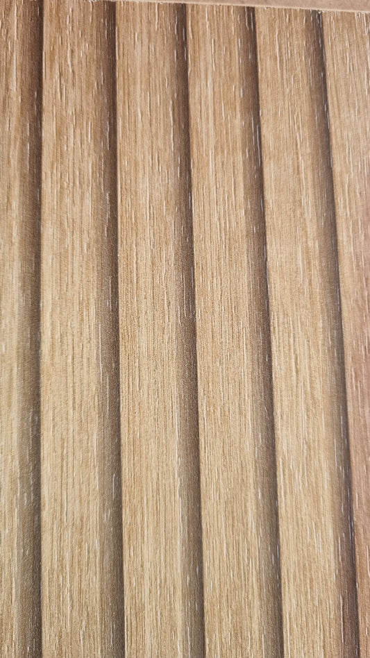 Oak strip wood effect end panels, kitchen island back panel. Stunning panelled effect melamine fascia panel