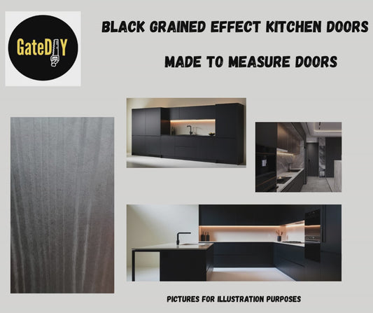 Black grained effect kitchen doors, ideal for all budgets. Perfect for replacing existing cupboard doors. Made to measure doors Fast and Free delivery