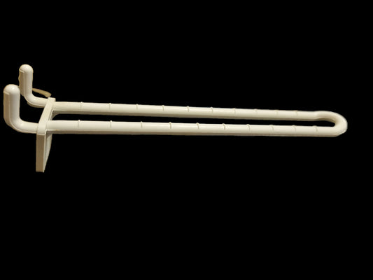 White plastic Pegboard hooks 150mm long for 25mm hole centres 6mm pegboard hooks. Pack of 10 shop display hooks