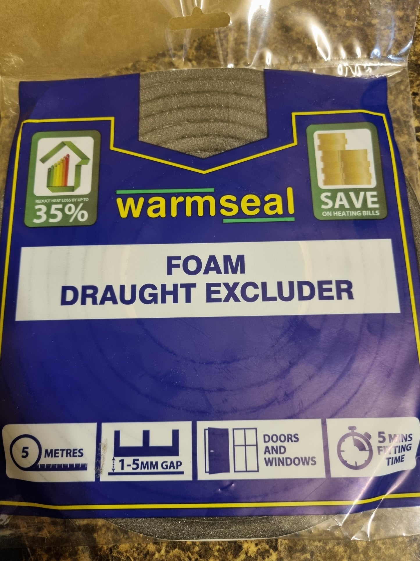 Foam Draught Excluder Black Extra Thick. Window or Door Insulation. 5m long