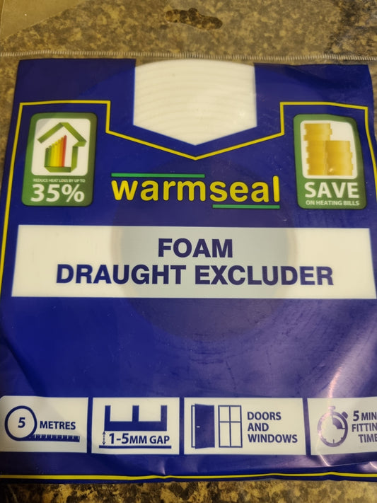 White Foam Draught Exluder 5m long. Home insulation. Save heat escaping from windows and doors